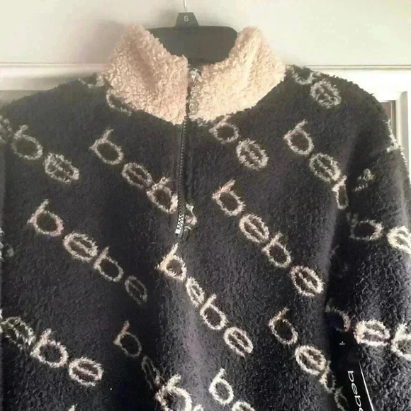 BEBE LOGO FUZZY WOMEN BROWN /TAN QUARTER ZIP PULLOVER SWEATER SIZE MEDIUM NWT - Picture 2 of 7